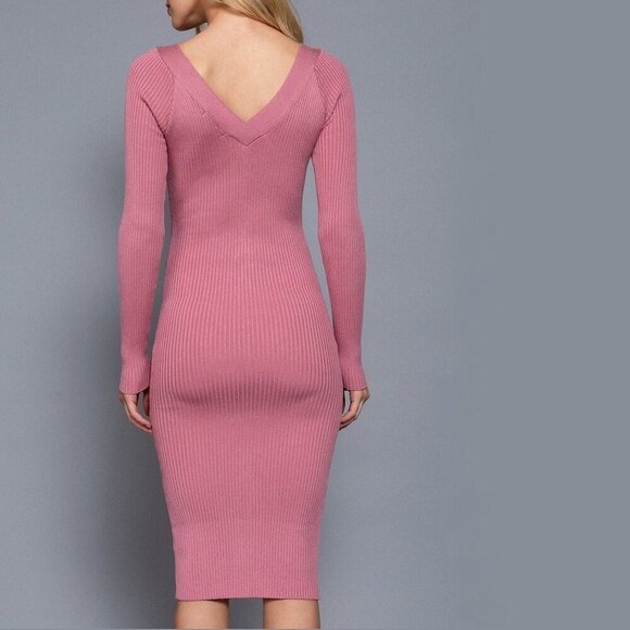 Deep Double V-neck Twist Detail Sweater Stretch Midi Dress in Black or Pink - Picture 9 of 16